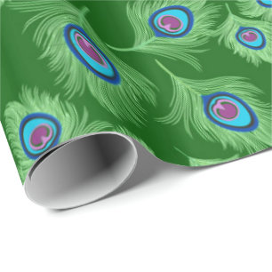 Kalk- och blå peacock-fjädrar på Emerald Grönt Presentpapper
