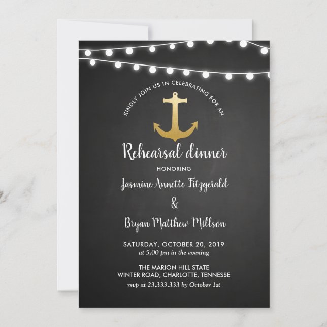 Kalkboard Anchor Faux Gold Foil Rehearsal Dinner Inbjudningar (Framsida)