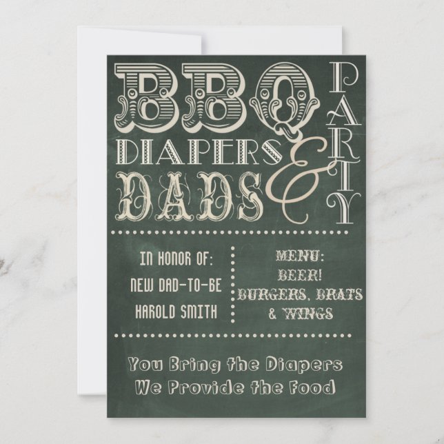 Kalkboard BBQ-blöjor och Pappor Baby Shower Inbjudningar (Framsida)