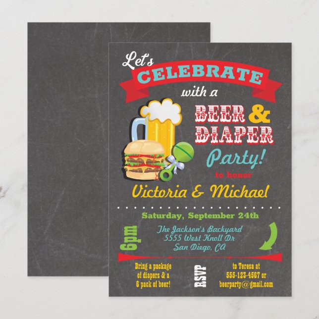 Kalkboard Beer and Diaper Baby Shower Inbjudningar (Fram/baksida)