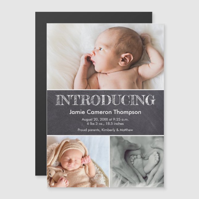Kalkboard multifotokollage med Baby födelse Magnetisk Inbjudningskort (Fram/baksida)