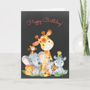 Kalkboard Watercolor Cute Jungle Animals födelseda Kort