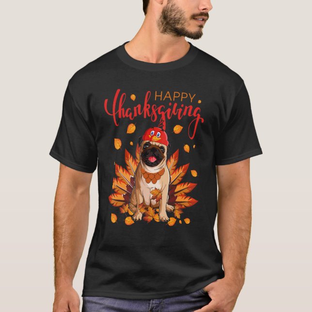 Kalkon Mops Lönnlöv Höst Höst Känslor Tackgivnings T Shirt (Framsida)