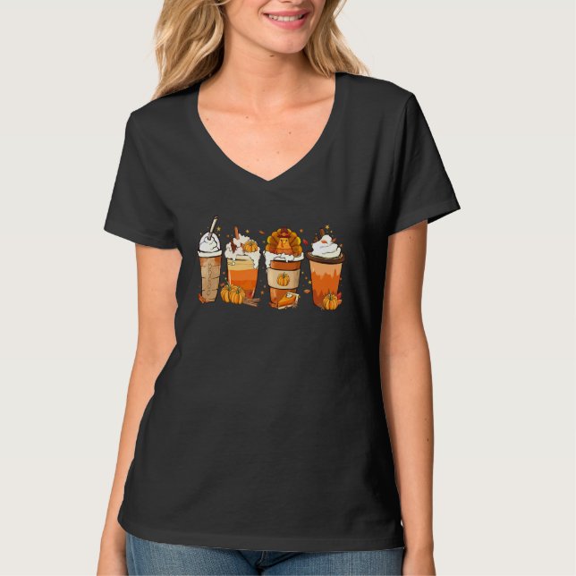 Kalkon Pumpa Kryddat Latte Höst Kaffe Tackgivnings T Shirt (Framsida)