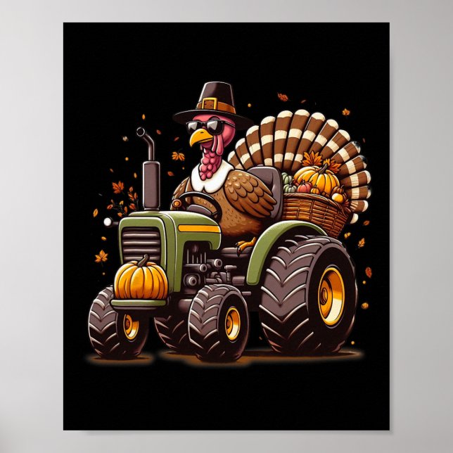 Kalkon Ridning Traktor Pojkar Barn Glad Thanksgivi Poster (Framsidan)