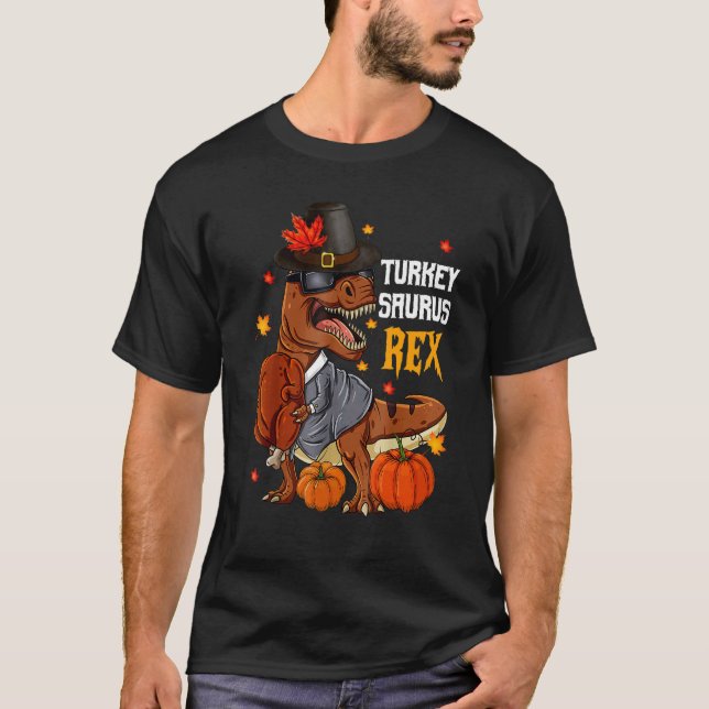 Kalkon Saurus Rex Pilgrim Rex Höststämning Tackgiv T Shirt (Framsida)