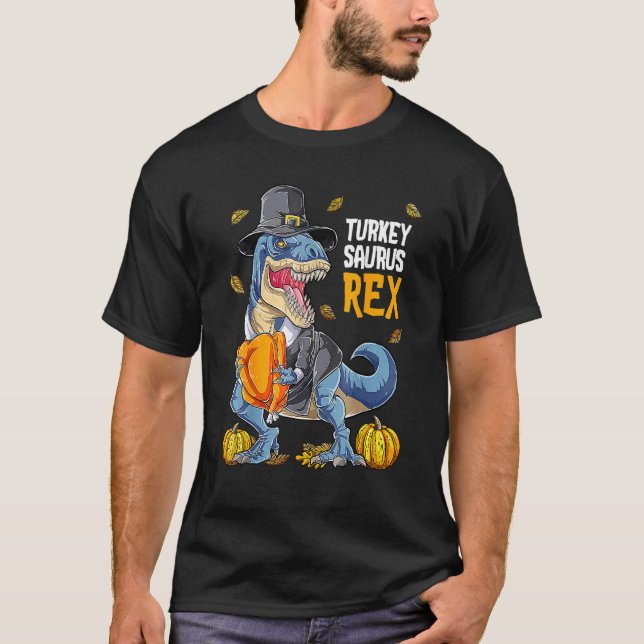 Kalkon Saurus Rex Pilgrim Rex Höststämning Tackgiv T Shirt (Framsida)
