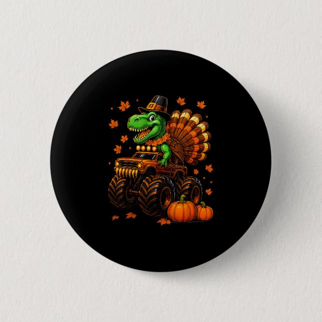 Kalkon Trex Monster Truck Dinosaur Höst Thanksgivi Knapp (Framsida)