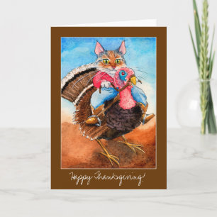 Kalkonhanterande katt Thanksgiving-kort inbjudan