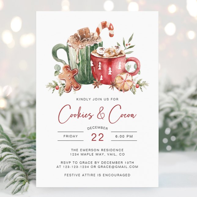 Kalkonpepparkakor Julinbjudan Inbjudningar (Cookies & Cocoa Christmas Invitation | Watercolor Holiday Party Invite by Painted Paperie)