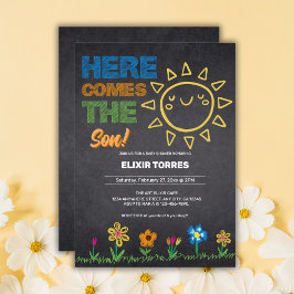 Kalktavlan här kommer barnskåran för son inbjudningar