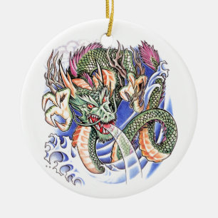 Kall grön orientalisk draketatuering julgransprydnad keramik