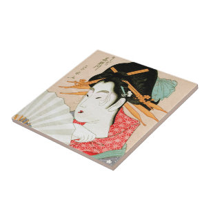 Kall japansk woodprintgeisha med fläktkonst kakelplatta