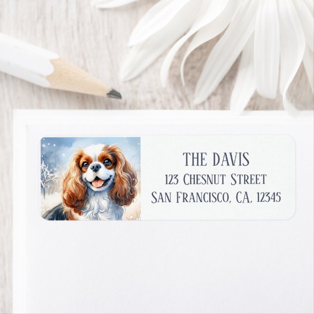 Kall Landskap Watercolor Cavalier Kung Charles Returadress Etikett (Insitu)