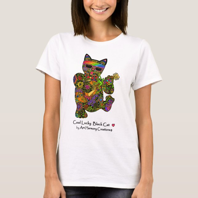 Kall lycklig svart kattdam tshirt tee (Framsida)