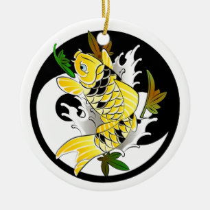 Kall orientalisk japansk guld- Koi Ying Yang Julgransprydnad Keramik