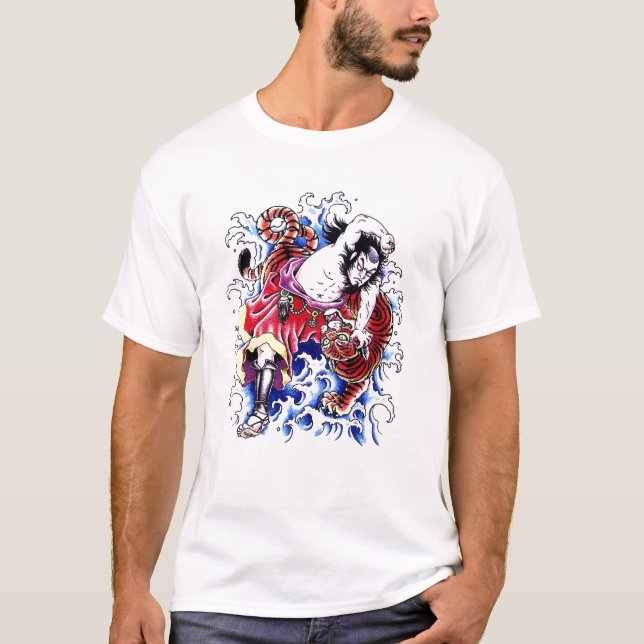 Kall orientalisk krigare- och tigertatuering t shirt (Framsida)