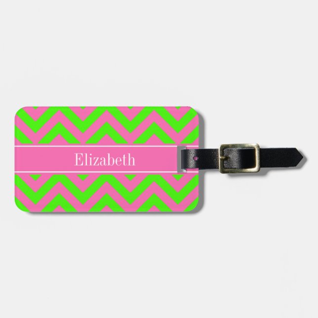 Kall Rosa #2 Limegrön LG Chevron Namnmonogram Bagagebricka (Horisontell Framsida)