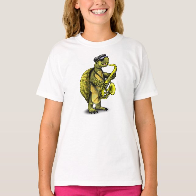 Kall saxofon som leker sköldpaddan t shirt (Framsida)