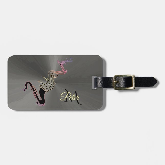 Kall svart saxofon- och musik noterMonogram Bagagebricka (Horisontell Framsida)