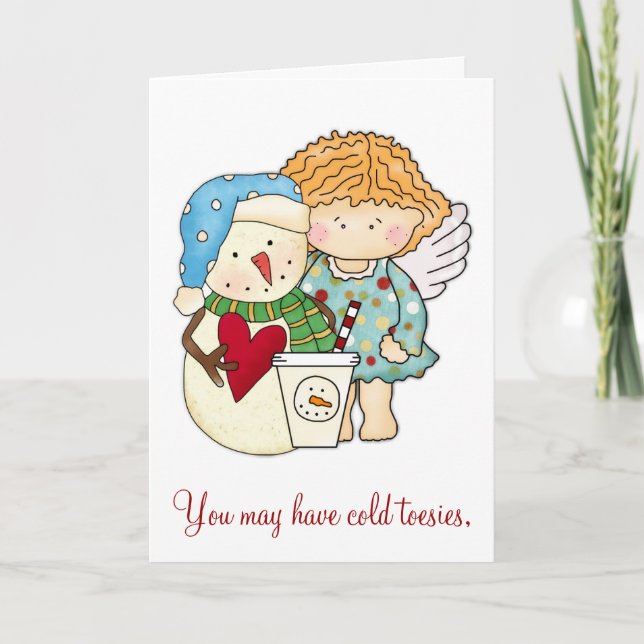 Kall tå & varmt hjärta Vinterängel & Snemann Kort (Framsida)