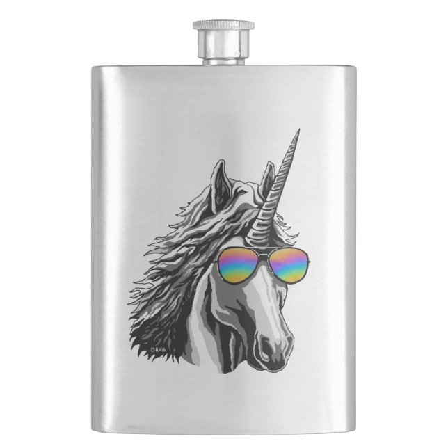 Kall unicorn med regnbågesolglasögon fickplunta (Framsidan)