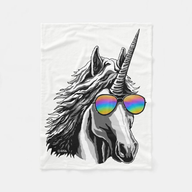 Kall unicorn med regnbågesunglass fleecefilt (Framsidan)