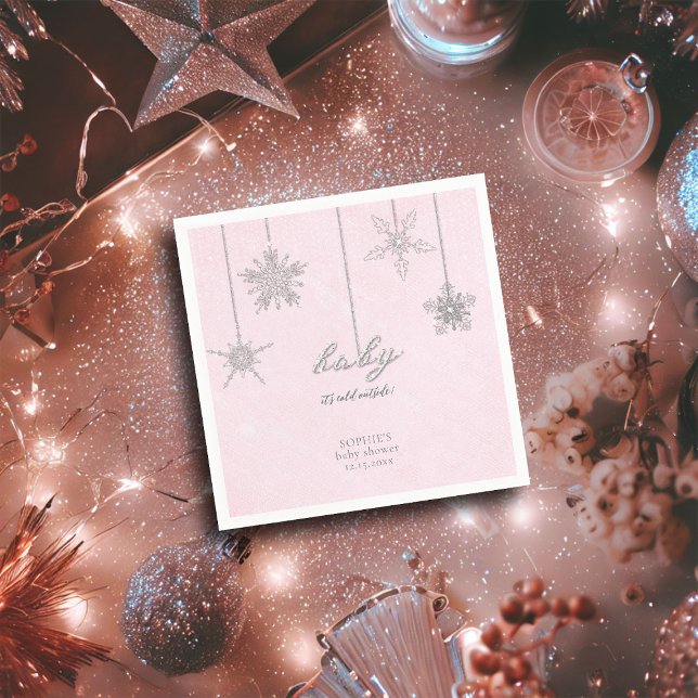 Kall utanför Glitter Snöflingor Rosa Baby Shower Pappersservett (baby cold outside pink christmas girl baby shower personalized napkin snowflakes rhinestones glitter)