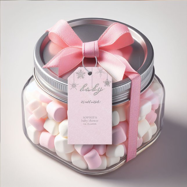 Kall utanför Glitter Snöflingor Rosa Baby Shower Presentetikett (baby cold outside pink christmas girl baby shower favor tag snowflakes rhinestones glitter elegant)