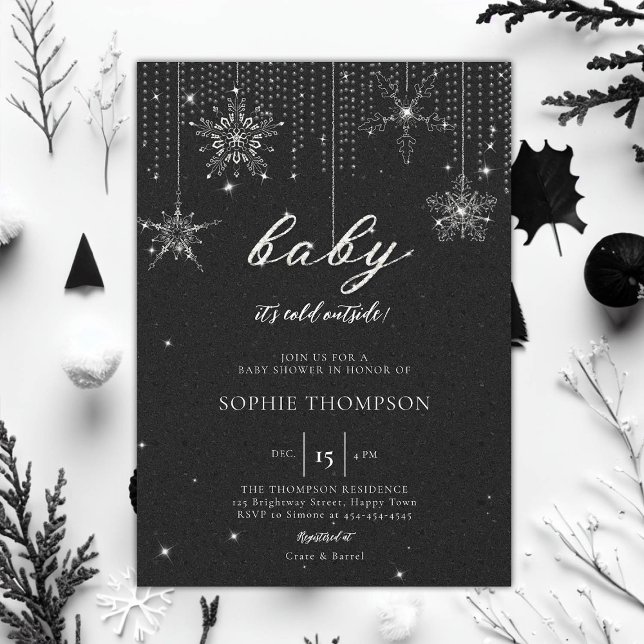 Kall utanför Glitter Snowflake Neutralt Baby Showe Inbjudningar (baby its cold outside baby shower invitation rhinestone glitter sparkle snowflakes black neutral)