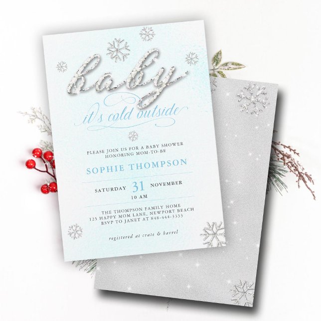 Kall utanför Rhinestones Glitter Boy Shower Inbjudningar (cold outside boy baby shower invitation white blue christmas winter rhinestone snowflake elegant)