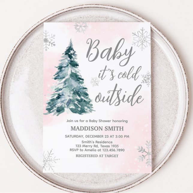 Kall Utanför Rosa, babyskor för vinter Inbjudningar (Pink Silver Pine Tree Baby Shower Invitation)
