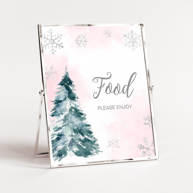 Kall Utanför Rosa, babyskor för vinter- Poster (Pink Silver Pine Tree Baby Shower Food Sign)