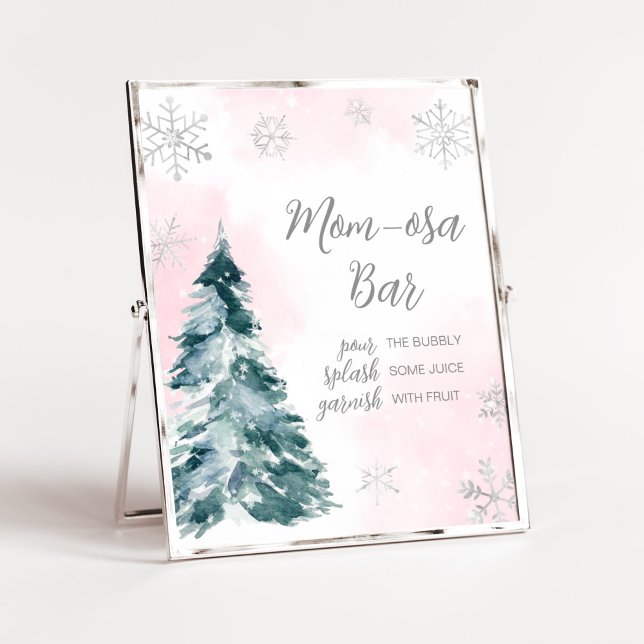 Kall utanför Rosa, babyskor Mamma Osa Pub Poster (Pink Silver Pine Tree Baby Shower Mom Osa Bar Sign)