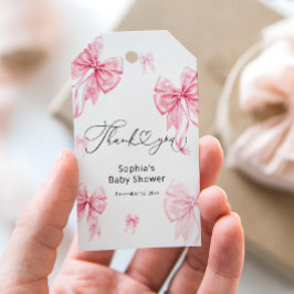Kall utanför Rosa Bow Baby Shower Tack Presentetikett