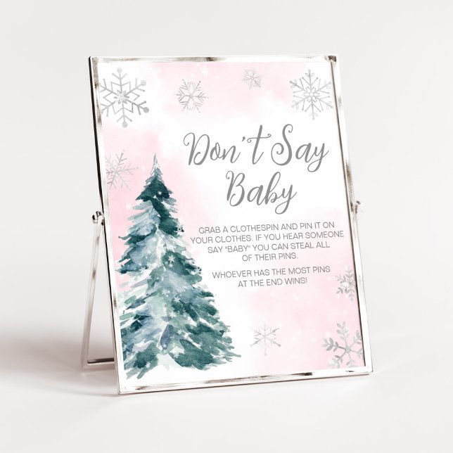Kall utanför Rosa Winter Säg inte Baby Poster (Pink Silver Pine Tree Baby Shower Don't Say Baby Sign)