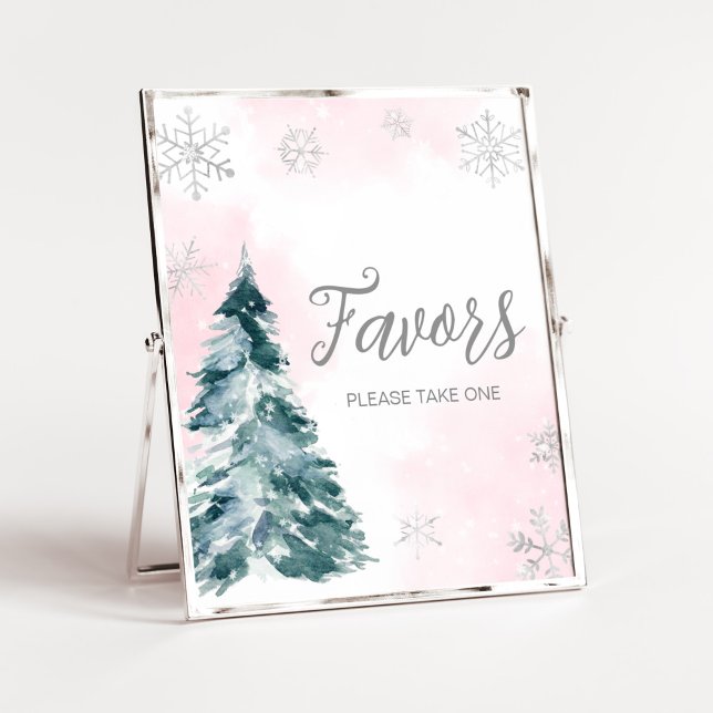 Kall utanför Rosan Favoriter för vinter-babykläder Poster (Pink Silver Pine Tree Baby Shower Favors Sign)