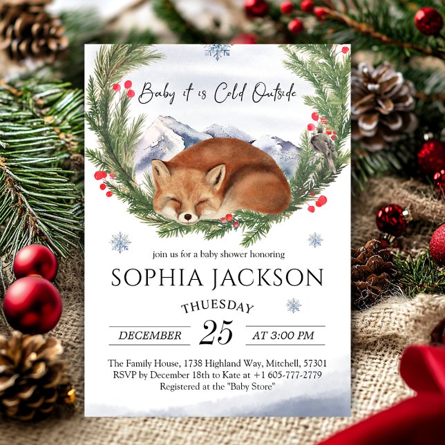 Kall utanför Skogsfox Vinterbabyskor Inbjudningar (Cold Outside Woodland Fox Winter Baby Shower Invitation)