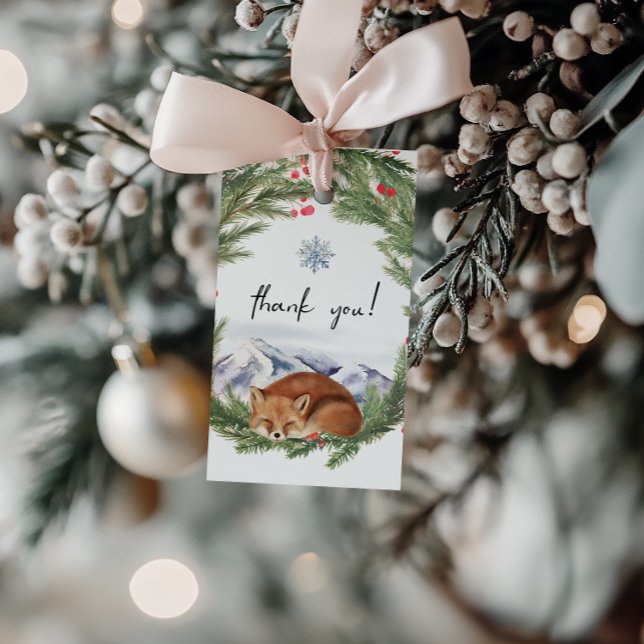 Kall utanför Skogsfox Vinterbabyskor Presentetikett (Cold Outside Woodland Fox Winter Baby Shower Gift Tags)