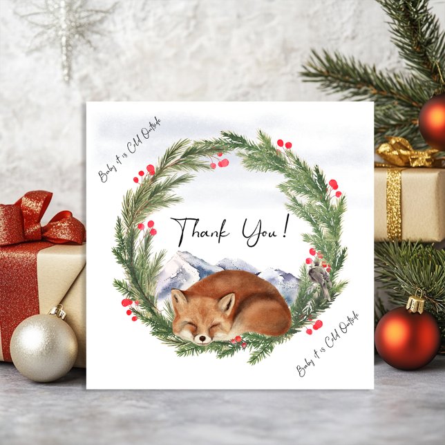 Kall utanför Skogsfox Vinterbabyskor Tack Kort (Cold Outside Woodland Fox Winter Baby Shower Thank You Card)