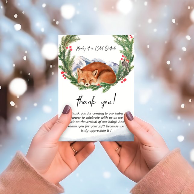 Kall utanför Skogsfox Vinterbabyskor Tack Kort (Cold Outside Woodland Fox Winter Baby Shower Thank You Card)