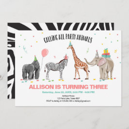 Kalla alla partydjur födelsedag för Zoovildflicka Inbjudningar