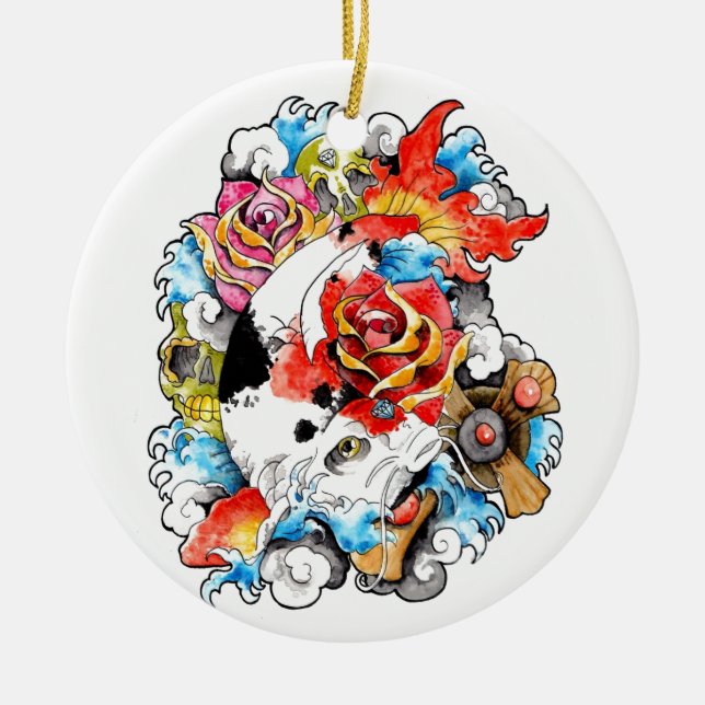 Kalla orientaliska japanska blommor för Koi Julgransprydnad Keramik (Framsidan)