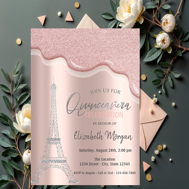 Kalla silverglitterdroppar, Eiffeltornet Quinceañe Inbjudningar (Skapare uppladdad)