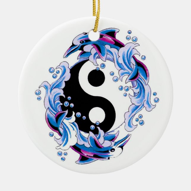 Kalla Yin Yang för tecknadtatueringsymbol delfiner Julgransprydnad Keramik (Framsidan)