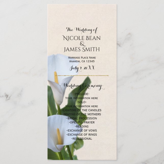 Kallalilja Blommor Blommig Bröllopsprogram Program (Framsida)