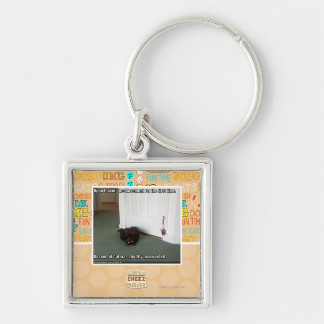 Källarekatt som desorienteras litet fyrkantig silverfärgad nyckelring (Framsidan)