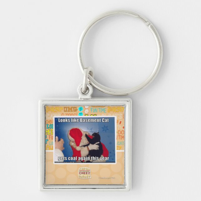 Källarekatten får kol fyrkantig silverfärgad nyckelring (Framsidan)