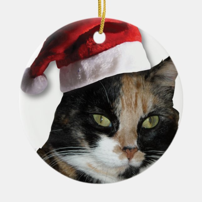 Kallekatt med tomtehatt julgransprydnad keramik (Framsidan)