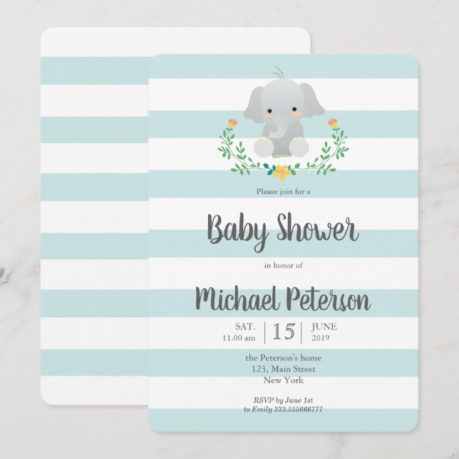 Kallelse till babydusch för elefantbarn inbjudningar (Fram/baksida)